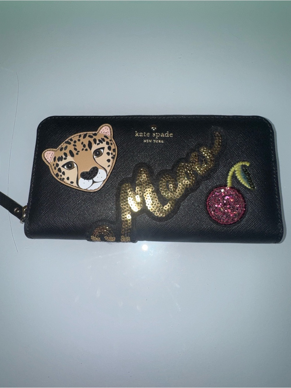 kate spade Novelty Black Leather Tiger & Cherry Sequence Zip Wallet 🐯 🍒